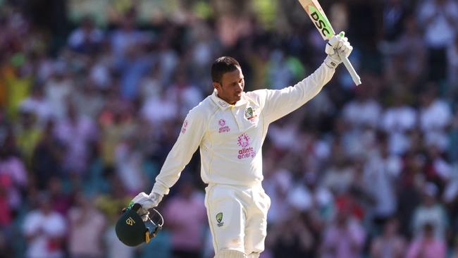 Australia's Usman Khawaja celebrates his century. Photo by DAVID GRAY / AFP