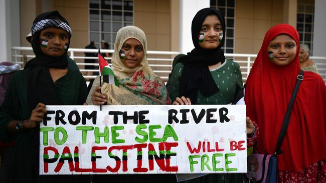 Zainab Khan, Â Zunairah Khan, Â Mariam Khan and Hurul Manzah at a pro-Palestine protest outside of the NT Parliament house on Friday October 27 calling for a ceasefire 20-days into the Gaza conflict.