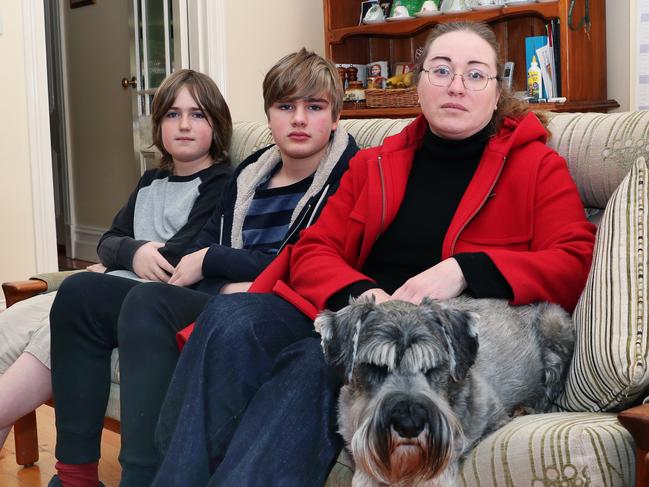 Tanya Pittard and her sons William and Callum say 24-hour construction work on the Upfield line is causing them sleepless nights. Picture: David Crosling/NCA NewsWire