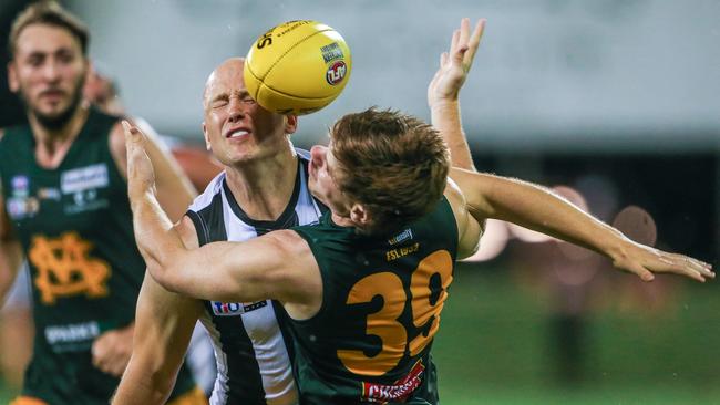 Gary Ablett Jr competes for the ball against St Mary’s Ethan Bowden. Picture: Glenn Campbell