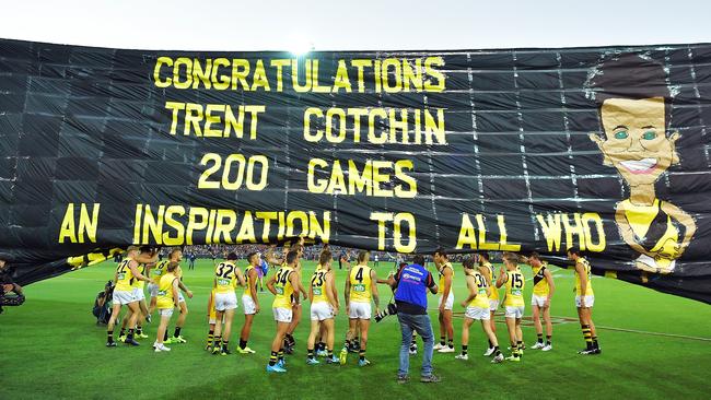 The Richmond banner for Cotchin’s 200th game. Picture: Getty Images