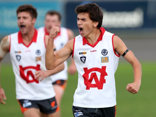 AFL Barwon footy and Netball. Geelong West v St Albans at Geelong West. Geelong West's Thomas Handley celebrates goal.  Picture: Mike Dugdale
