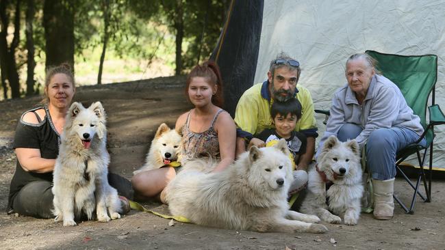 Kylie Henderson, Shania Grigson, Robert Lera, Jayden Durie and Sandra Henderson were all evacuated from their Beechmont property with their samoyed dogs to the Canungra Showgrounds. Picture: AAP Image/Richard Waugh