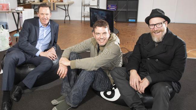 Eastland general manager Greg Balmforth, visitor Brad and Urban Life Church’s Scott Hawkins hang out in the day shelter. Picture: Ellen Smith