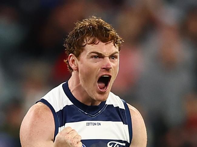 MELBOURNE, AUSTRALIA - JUNE 29: Gary Rohan of the Cats celebrates kicking a goal during the round 16 AFL match between Geelong Cats and Essendon Bombers at Melbourne Cricket Ground on June 29, 2024 in Melbourne, Australia. (Photo by Graham Denholm/Getty Images)
