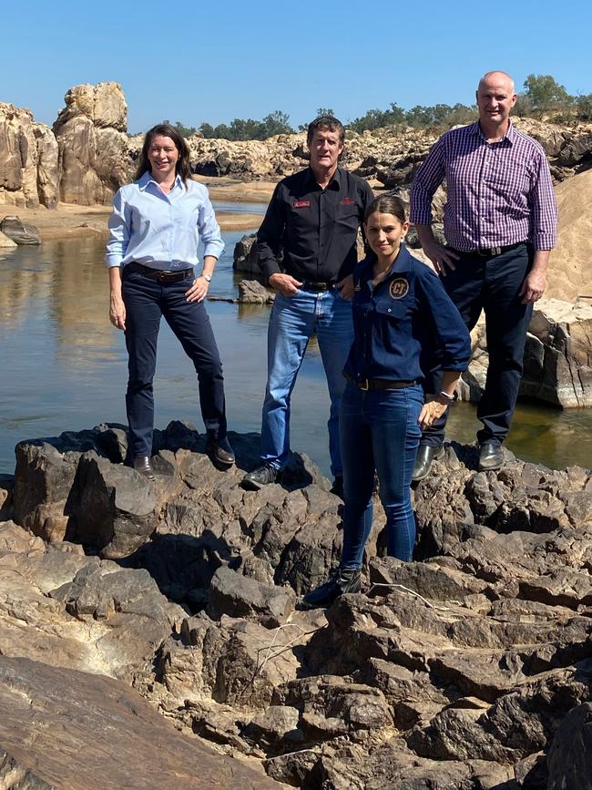 Special Envoy for Northern Australia Senator Susan McDonald, Charters Towers Regional Council Mayor Frank Beveridge, Deputy Mayor Sonia Bennetto and Queensland Water Minister Glenn Butcher at the Big Rocks Weir site on the Burdekin River north of Charters Towers.