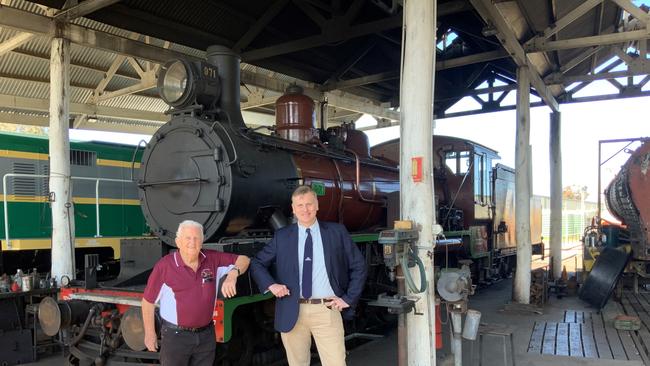 FULL STEAM AHEAD: SDSR president Peter Gilbert with Member for Southern Downs James Lister to celebrate funding boost. Picture: contributed