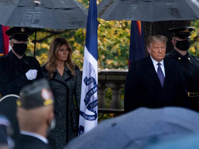 US First Lady Melania Trump and President Donald Trump arrive for a wreath laying ceremony at the Tomb of the Unknown Soldier for Veterans Day. Picture: Brendan Smialowski/AFP