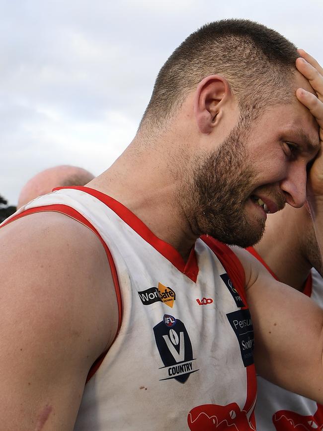 A dejected Mitchell Hallahan after MPNFL Division 1 grand final. Picture: Andy Brownbill.