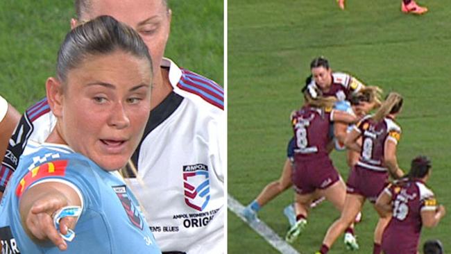Keeley Davis accuses Maroons of an eye-gouge.