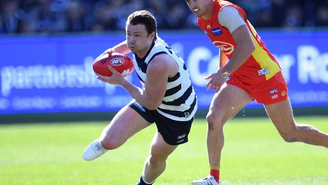 Patrick Dangerfield racked up 34 disposals and four goals against the Suns on Saturday. Picture: AAP