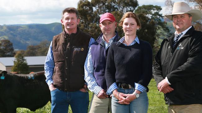 Michael Glasser, pictured with Craig Schlz and Ayl Ansell from Woorinyan Pastoral at Culcairn and Paringa Genetics’ Tom Lawson. Picture: Andy Rogers