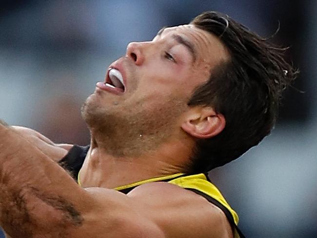 MELBOURNE, AUSTRALIA - JUNE 17: Patrick Dangerfield of the Cats and Alex Rance of the Tigers in action during the 2018 AFL round 13 match between the Geelong Cats and the Richmond Tigers at the Melbourne Cricket Ground on June 17, 2018 in Melbourne, Australia. (Photo by Michael Willson/AFL Media/Getty Images)