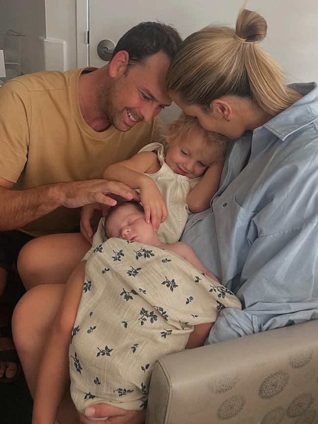 TV newsreader Kate Freebairn and partner Nick Fahey with daughter Airlie and their new baby girl Elsa. Pics: Instagram