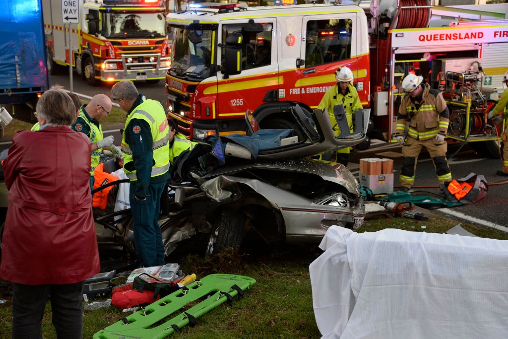 A three-vehicle crash on the top of the Toowoomba Range, Sunday, May 13, 2018. Picture: Kevin Farmer