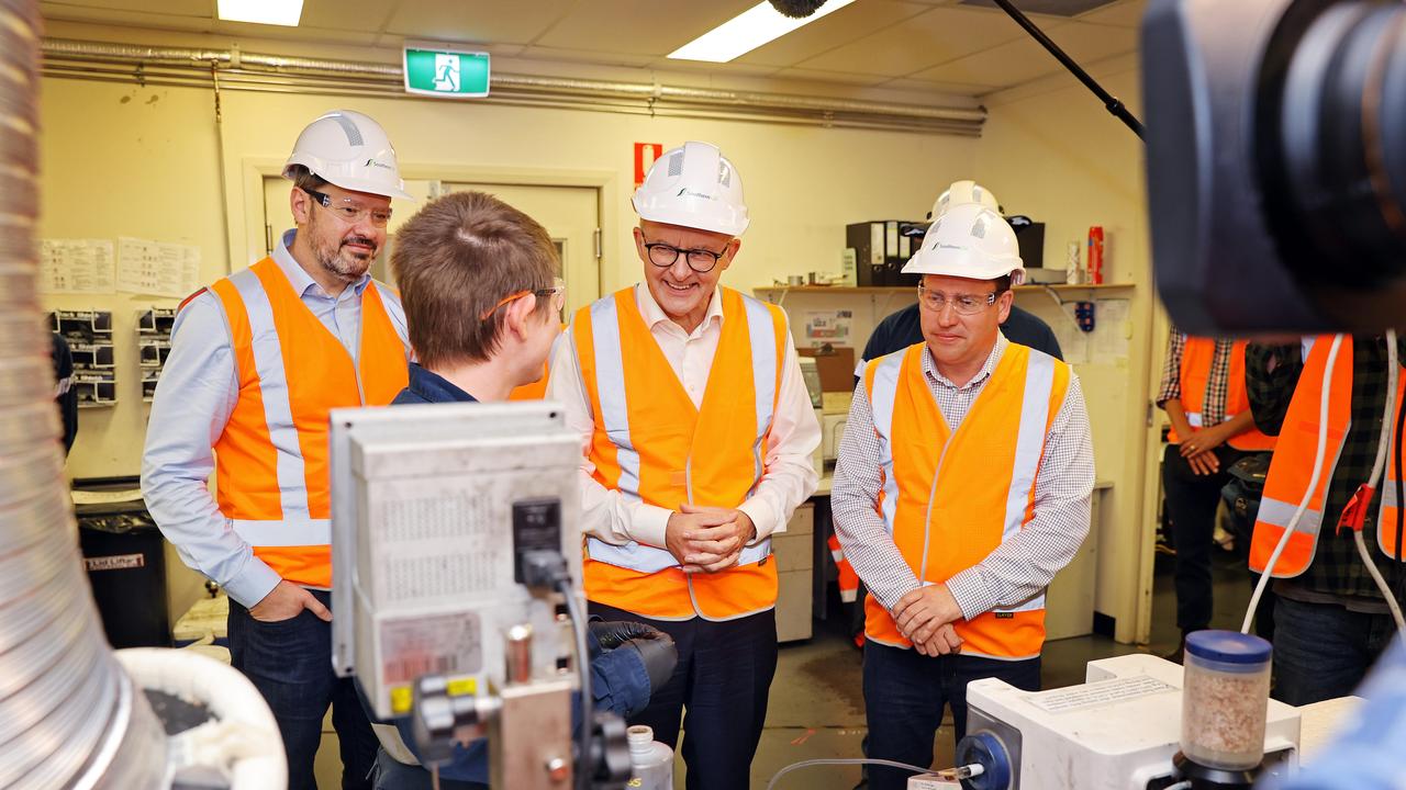 Mr Albanese pictured in Gladstone, Ed Music on left and Matt Burnett on right. Picture: Sam Ruttyn