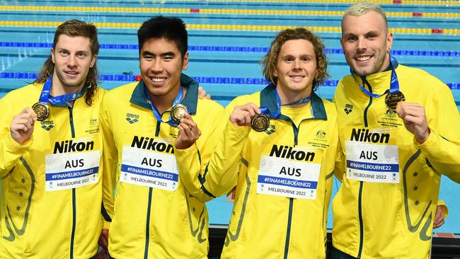 Joint gold medallists Isaac Cooper, Joshua Yong, Matthew Temple and Kyle Chalmers after dead-heating in the men's 4x100m medley relay final. Picture: Quinn Rooney/Getty Images