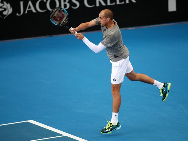 Gilles Muller hits up at the Pat Rafter Arena ahead of the Brisbane International.