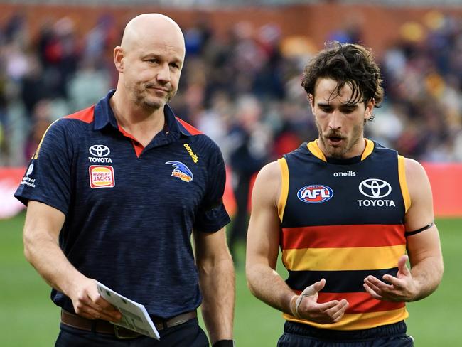 ADELAIDE, AUSTRALIA - JULY 01: Lachlan Murphy of the Crows speaks to Matthew Nicks coach of the Crows after the round 16 AFL match between Adelaide Crows and Melbourne Demons at Adelaide Oval, on July 01, 2023, in Adelaide, Australia. (Photo by Mark Brake/Getty Images)