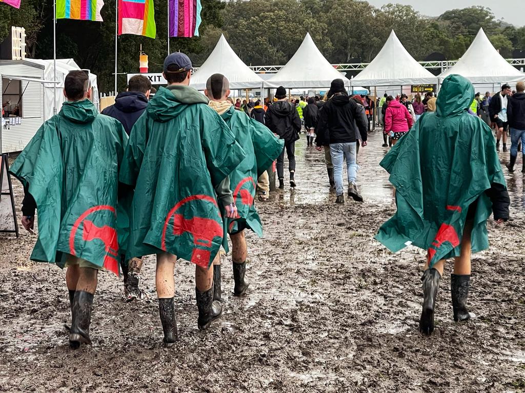 One group wore Bunnings ponchos and gumboots to stay dry. Picture: news.com.au/James Weir