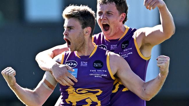 Collegians’ Jim Bazzani celebrates during last year’s grand final. Picture: Andy Brownbill