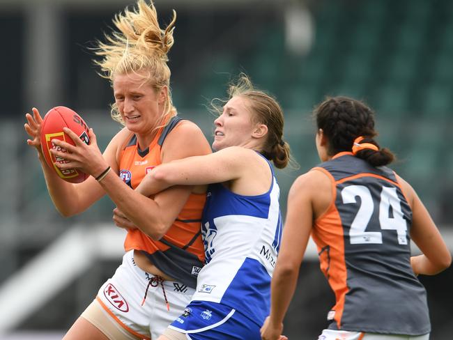 Jessica Allan of the Giants is tackled during the Round 2 AFLW match between the North Melbourne Kangaroos and the GWS Giants at UTAS Stadium. Picture: STEVE BELL/GETTY IMAGES