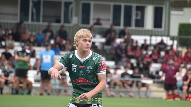 Lachlan Stuart with his luscious blonde mullet. Meninga Cup game between the Ipswich Jets and Wide Bay Bulls. Saturday March 11, 2023. Picture, Nick Tucker.