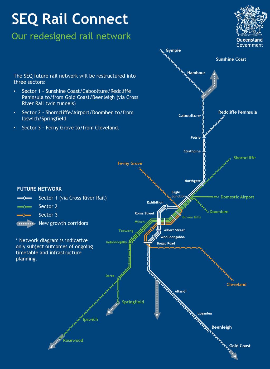 A map of the new-look South East Queensland rail network