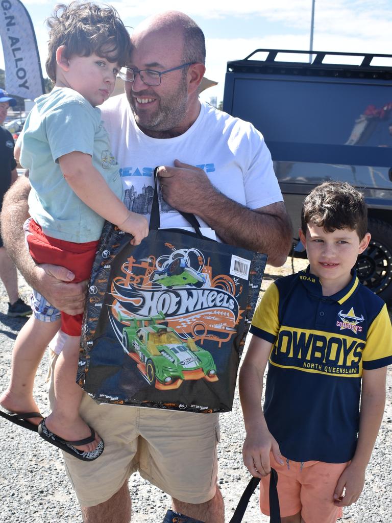 Fred, 3, Toby, and Tom 7, Riant, of Ooralea, at Big Boys Toys Expo at Mackay Showgrounds 2021.