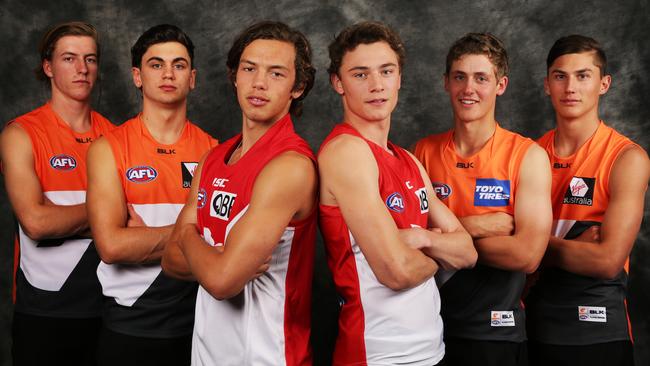 Sydney recruits Oliver Florent and Will Hayward with their now GWS rivals (L-R) Will Setterfield, Tim Taranto, Harry Perryman and Isaac Cumming. Picture: Toby Zerna