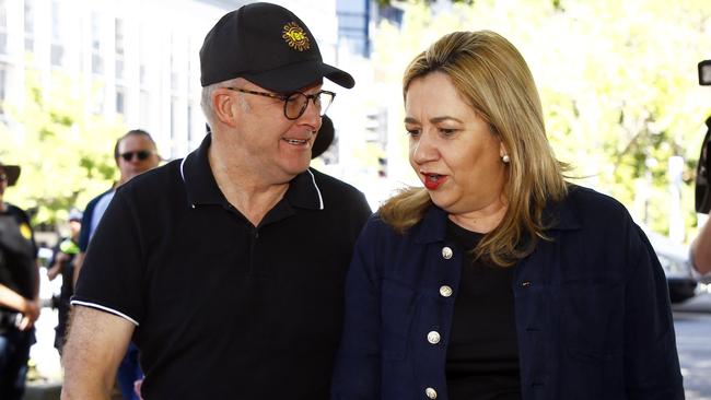 Prime Minister Anthony Albanese joins Queensland Premier Annastacia Palaszczuk at the Labour Day march in Brisbane on Monday. Picture: NCA NewsWire/Tertius Pickard