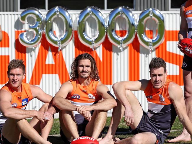 GWS Giants have reached a milestone 30,000 members, a record for the new club. L-R Toby Greene, Adam Tomlinson, Phil Davis, Jeremy Cameron and Adam Kennedy are 5 players who played in the Giants first ever game and will all take part in this weekends game. Picture: Toby Zerna