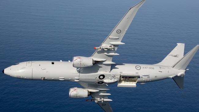 A Royal Australian Air Force P-8A Poseidon armed with Harpoon Missiles. Picture: Supplied