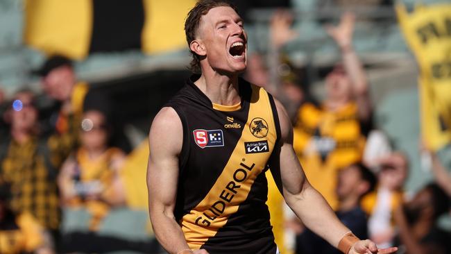 Celebration time for Lachie Hosie after booting one of his four majors against Central District in the SANFL preliminary final at Adelaide Oval. Picture: David Mariuz/SANFL