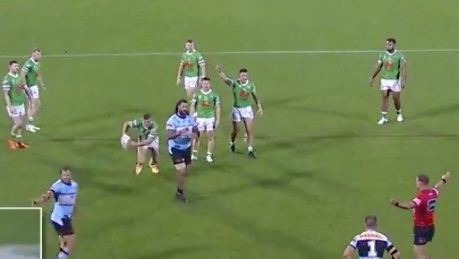 The moment it all fell apart for the Sharks. Wade Graham tried to use a captain's challenge after a penalty, while Jack Wighton took the quick tap to score.