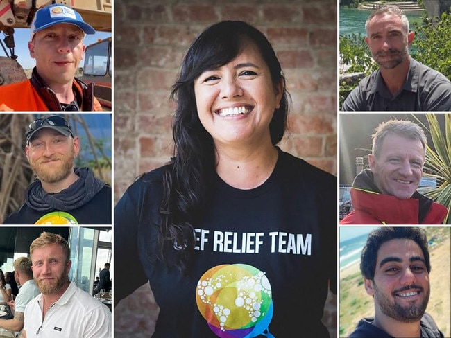 The killed aid workers (left) Damian Solo, Jacob Flickinger, James Henderson; (centre) Lalzawmi Zomi Frankcom; (right) James Kirby, John Chapman and Saif Issam Abu