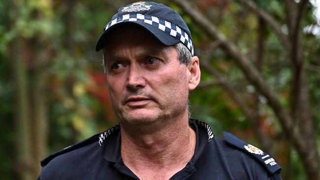 Senior Sergeant Ed Lukin addresses the media at the Mossman Gorge Cultural Centre on Friday afternoon. Picture: Emily Barker.