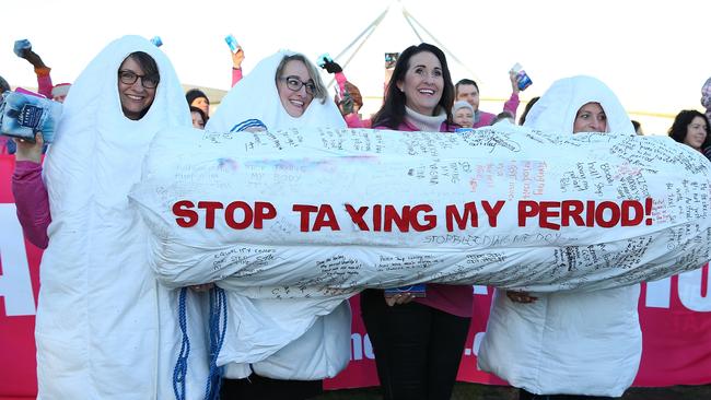 Protesters outside Parliament House in Canberra before the bill to axe the tampon tax was debated. Picture: Kym Smith