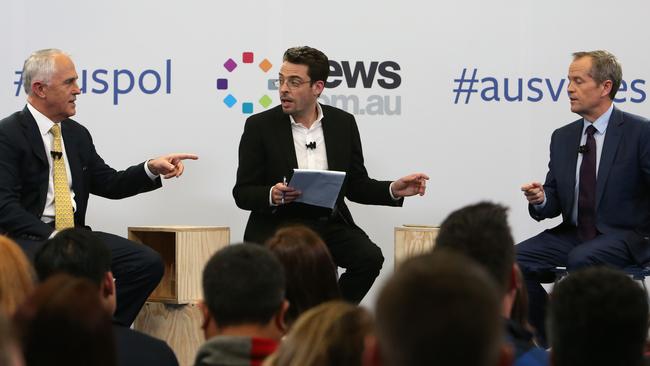 PM Malcolm Turnbull and Opposition Leader Bill Shorten taking part in the News.com.au and Facebook debate moderated by Joe Hildebrand. Picture: Kym Smith