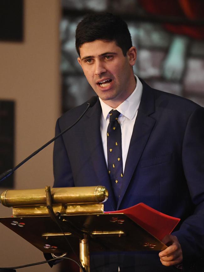 Nicholas Shelhadie speaks at his grandfather’s funeral. Picture: AAP/David Moir