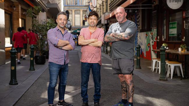 Degraves st traders Theo Roussos, Johnny Sandish and Tony Doherty oppose the proposed CBD injection room. Picture: Jason Edwards