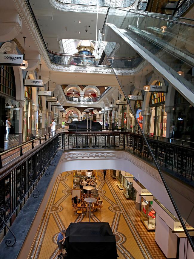 A near empty QVB shopping centre in Sydney’s CBD. Picture: Toby Zerna