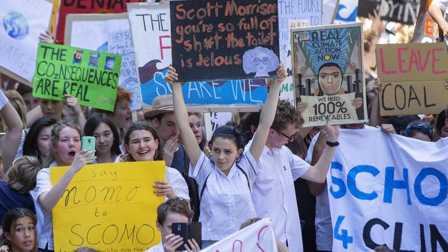 Students gather in Martin Place during today’s protest. Picture: Pic Jenny Evans