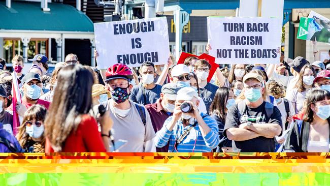 One of last month’s refugee protests at Central Hotel and Apartments, Kangaroo Point. Picture: Richard Walker