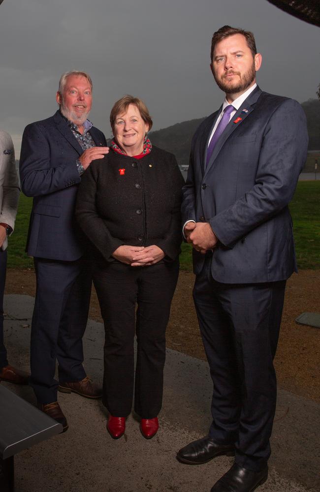Bruce and Denise Morcombe with minister for Police, Fire and Emergency management Felix Ellis at Cornelian Bay to highlight the importance of the Community Protection (Offender Reporting) Amendment Bill 2024, to be known as Daniel's Law. Picture: Linda Higginson