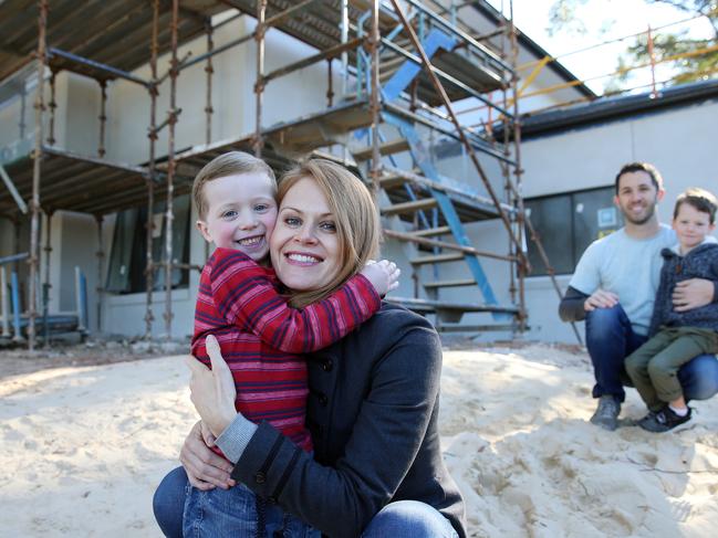 SUNDAY TELEGRAPH - 15/6/19Fiona and David Elsey pictured with their sons Isaac (4yrs on left) and Liam (5yrs) at their almost complete home in Lane Cove today. Picture: Sam Ruttyn