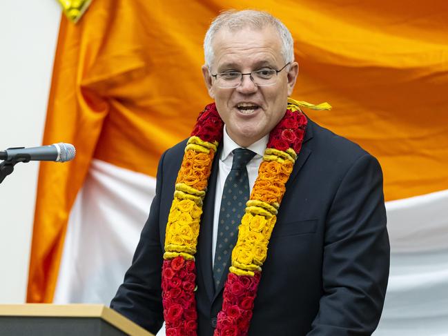 Prime Minister Scott Morrison speaks to attendees during a visit to an Australian Indian Community Centre in Rowville, Melbourne, Victoria. Picture: NCA NewsWire / Daniel Pockett