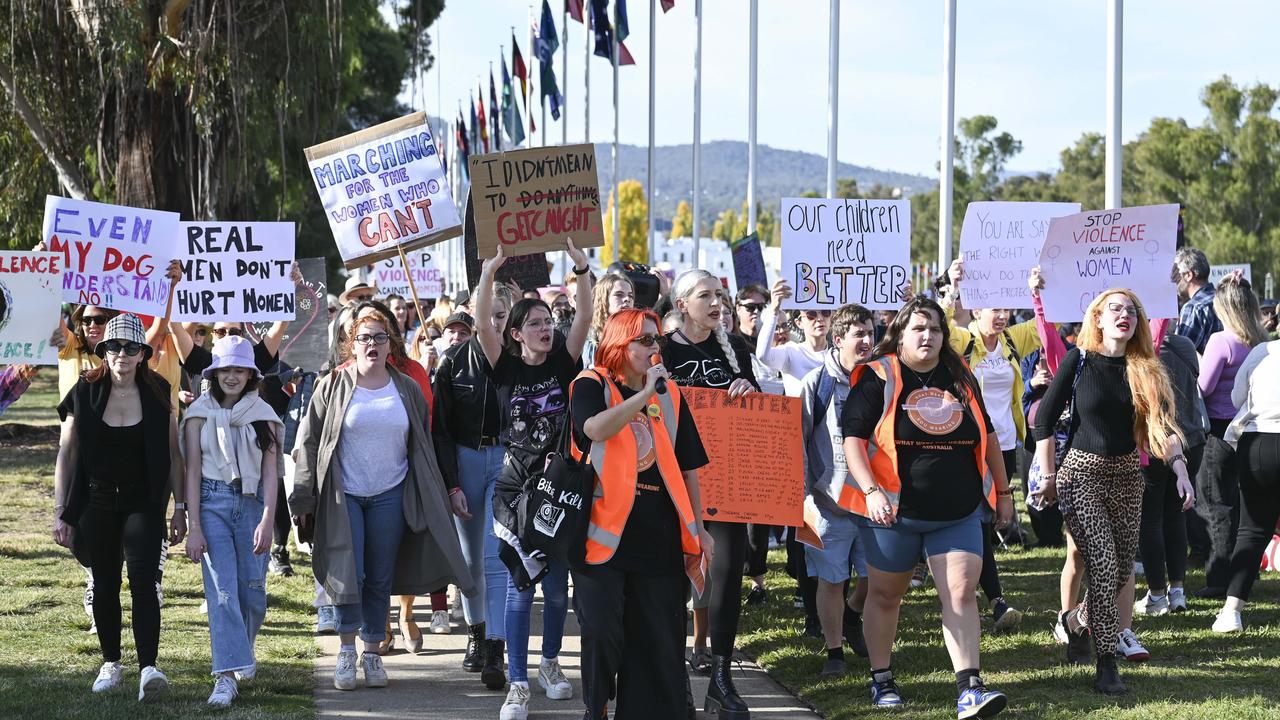 Demonstrators arrive at the No More! National Rally Against Violence march at Parliament House in Canberra. Picture: NCA NewsWire / Martin Ollman