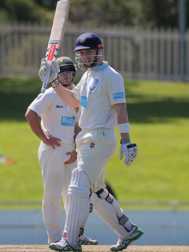 Nevill raises his bat after passing 150 runs against Tasmania.