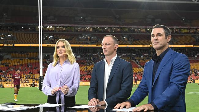 Erin Molan, Darren Lockyer and Brad Fittler before the Broncos match.